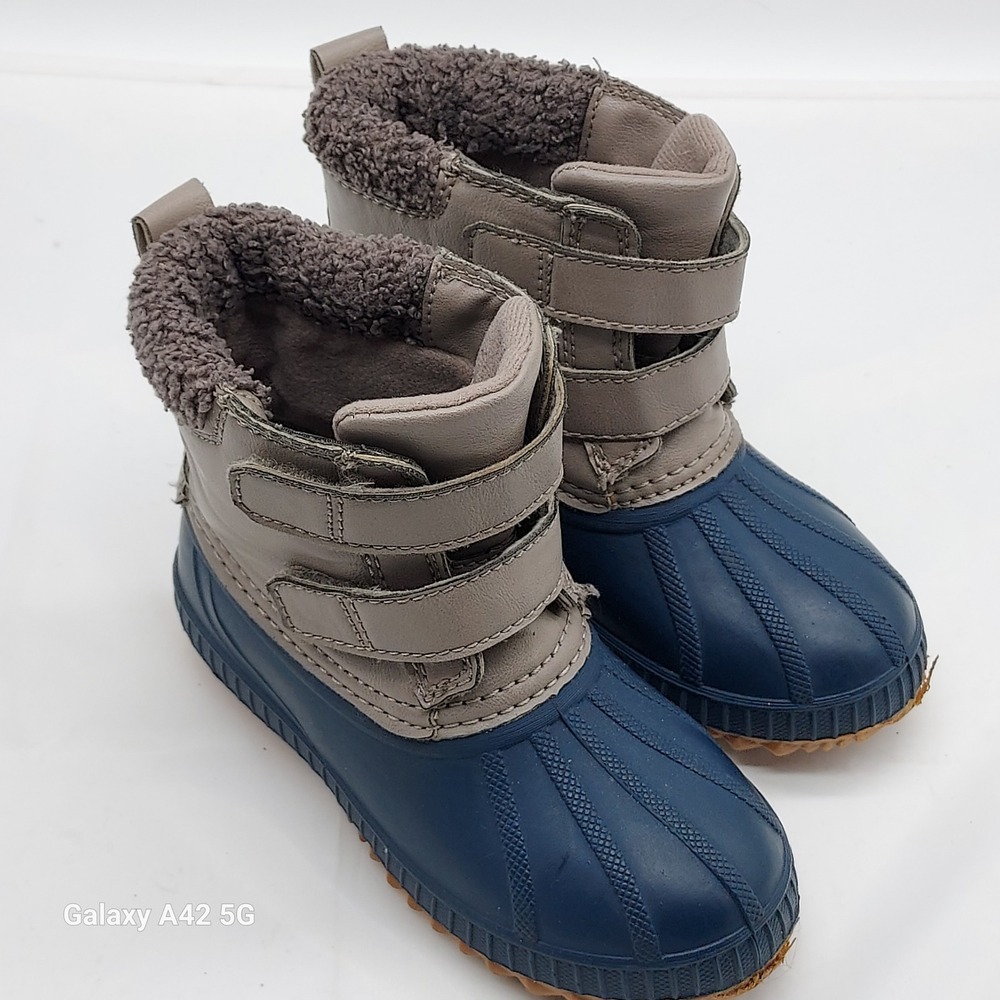 Old Navy Toddler Boys Duck Boots Navy Blue Taupe Sherpa Lined Winter Shoes Sz 10